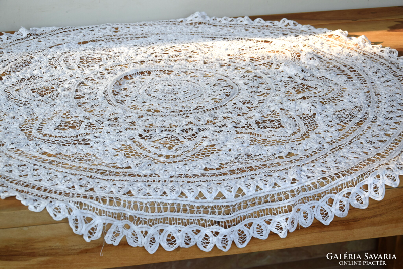 Old antique ribbon lace tablecloth table center circle 106 cm diameter