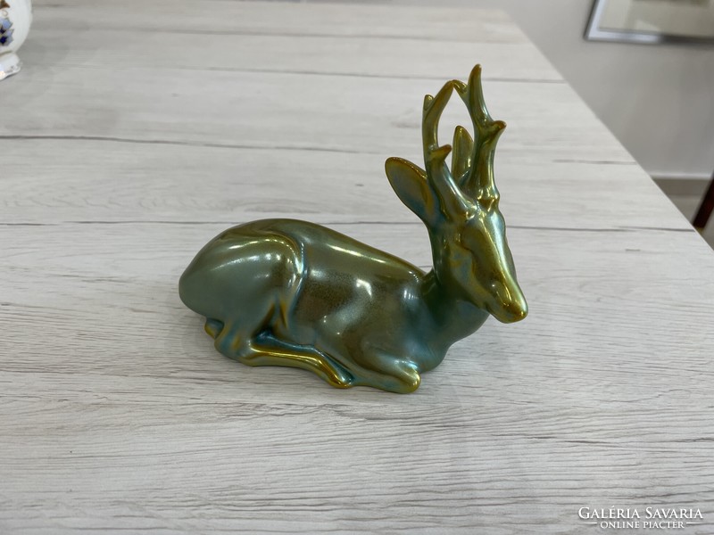 Zsolnay eozin őz szarvas állat porcelán figura Sinkó András terve