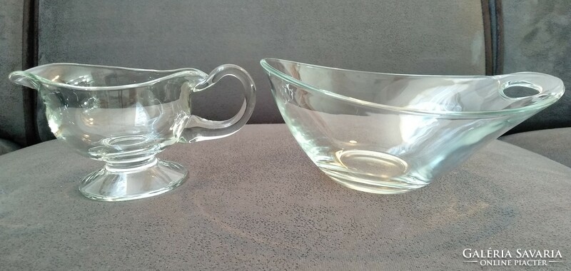 Ajka crystal cream pouring or sauce holder length with handle 17 cm, Jena glass bowl 22 cm long