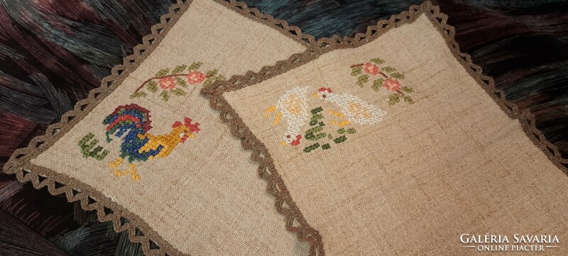 Pair of cross-stitch embroidered rooster and hen tablecloths (l3971)