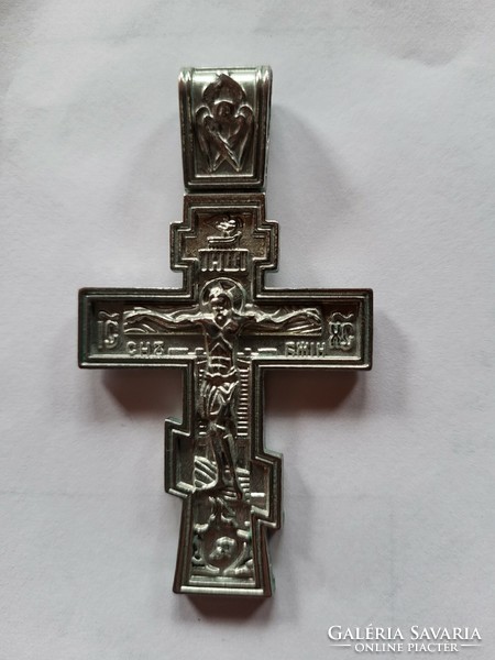 Silver-plated orthodox, pravoslavic double cross pendant, traveling icon, byzantine