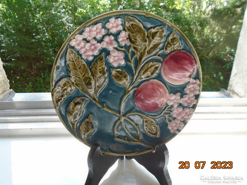 19th French majolica wall plate with raised peach flowers and fruit hand-painted patterns