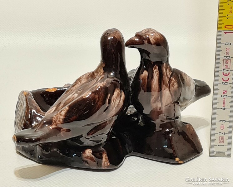 Brown glazed ceramic ashtray with doves marked 