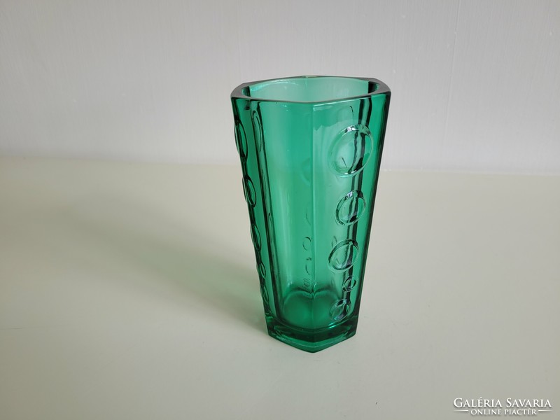 Retro kör alakú domború mintás türkiz vastagfalú zöld üveg váza régi üvegváza mid century