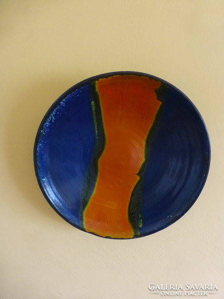 Hatalmas narancssárga-kék kerámia tál Laborcz Mónika alkotása