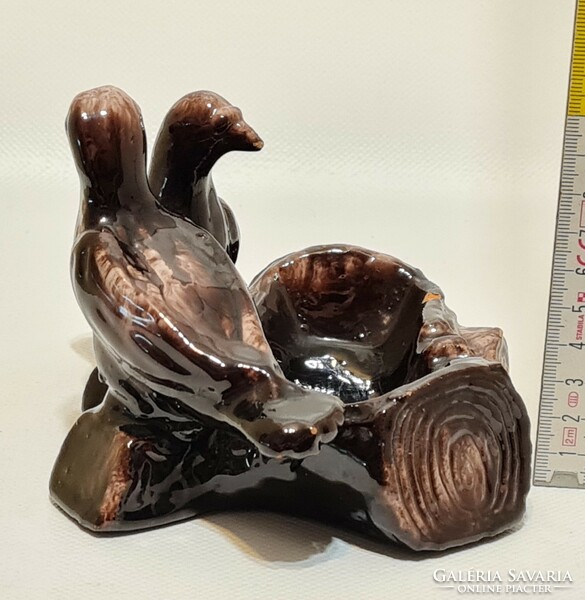 Brown glazed ceramic ashtray with doves marked 