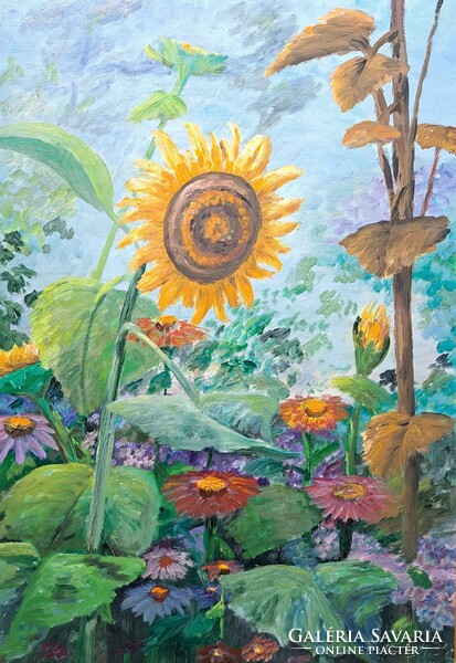Sunflower in nature - oil painting with Fritz mark - flower still life