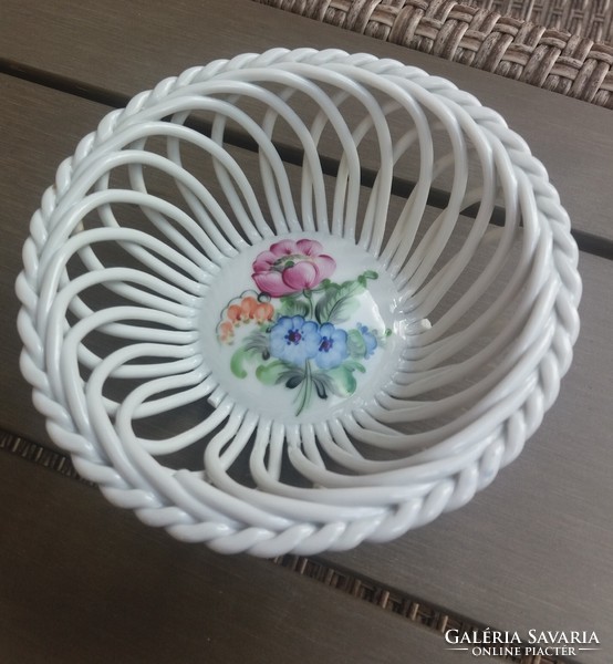 Marked Herend porcelain wicker basket, small basket with flower pattern