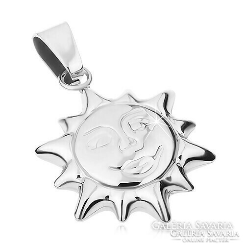 The sun-shaped, detailed engraved, smiley face pendant made of surgical steel is double-sided and has a mirror finish.