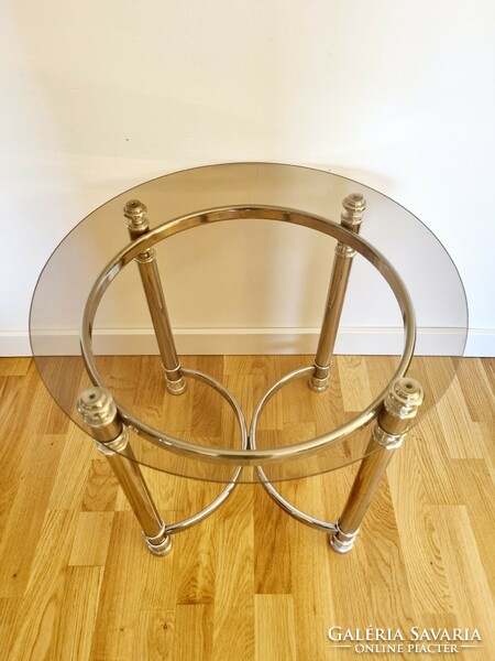Vintage francia stílusú, ezüst színű kisasztal, üvegasztal