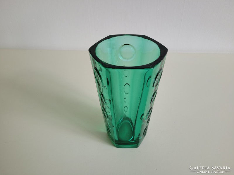 Retro circular convex pattern turquoise thick-walled green glass vase old glass vase mid century