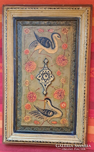 Curio: 4 antique Jewish wall plaques, wooden picture of birds (m3986)