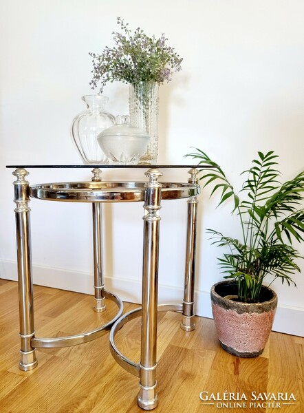 Vintage French style, silver side table, glass table