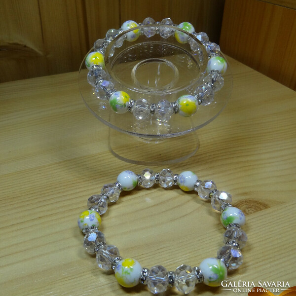 Ab crystal and green, yellow and pale purple solid pattern porcelain pearl bracelet.