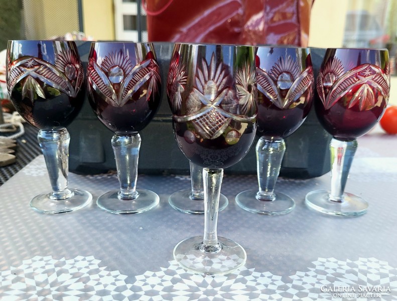 5+1 burgundy and ruby crystal glasses together