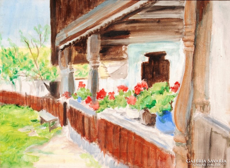 Lajos Onestyák: geranium porch, 2010 - oil on canvas painting, framed