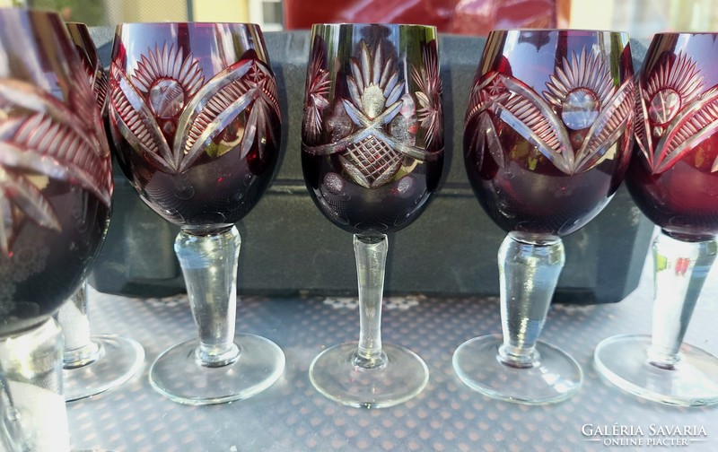 5+1 burgundy and ruby crystal glasses together