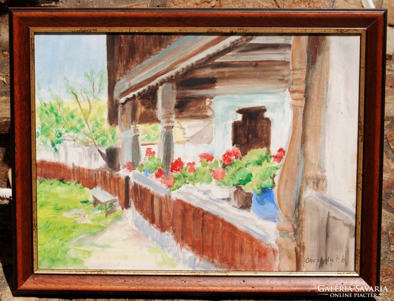 Lajos Onestyák: geranium porch, 2010 - oil on canvas painting, framed