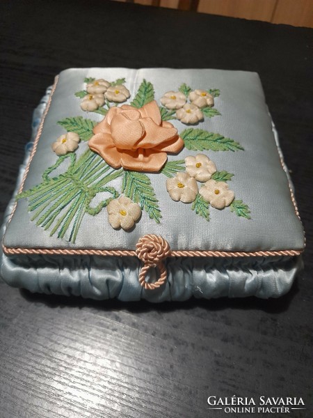 Old embroidered silk box, sewing box with flower appliqué