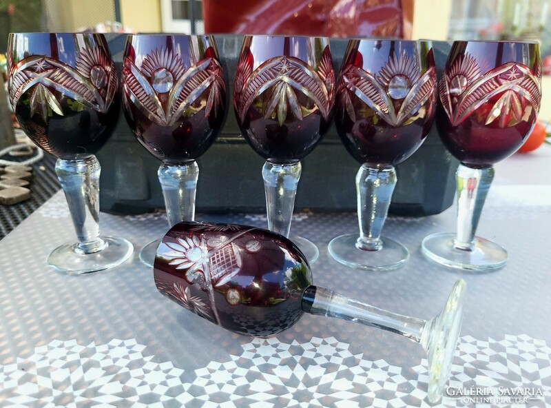 5+1 burgundy and ruby crystal glasses together