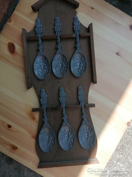 6 vintage pewter spoons with a historical relief motif