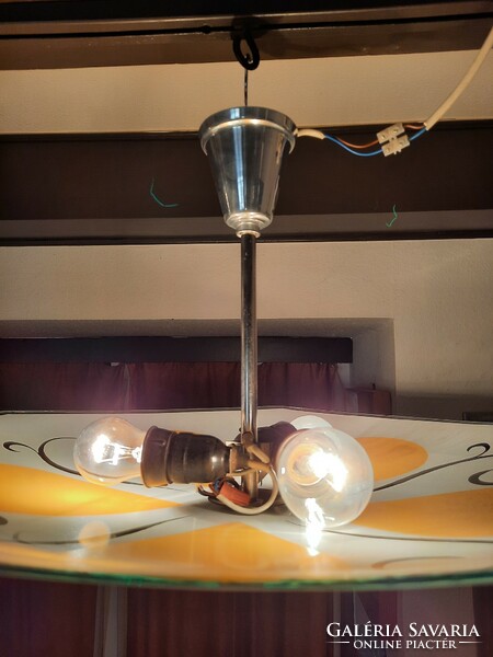 Vintage hanging lamp, chandelier, blown into shape, with a plate-shaped glass shade