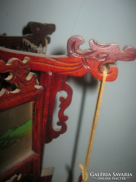 Régi, kínai sárkányos  faragott, kézzel festett  üveg betét lámpa lampion