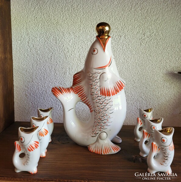 Flawless 6-person Soviet (Russian) retro, marked, porcelain fish vodka set