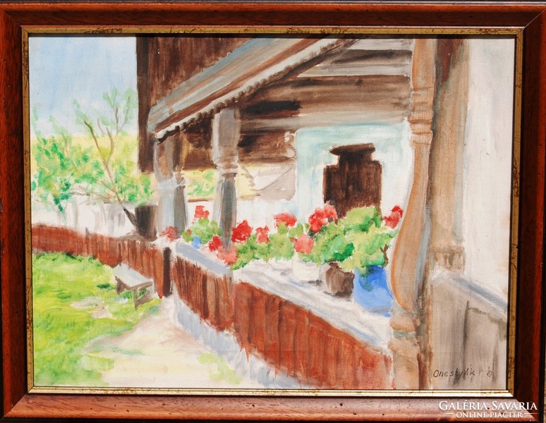 Lajos Onestyák: geranium porch, 2010 - oil on canvas painting, framed