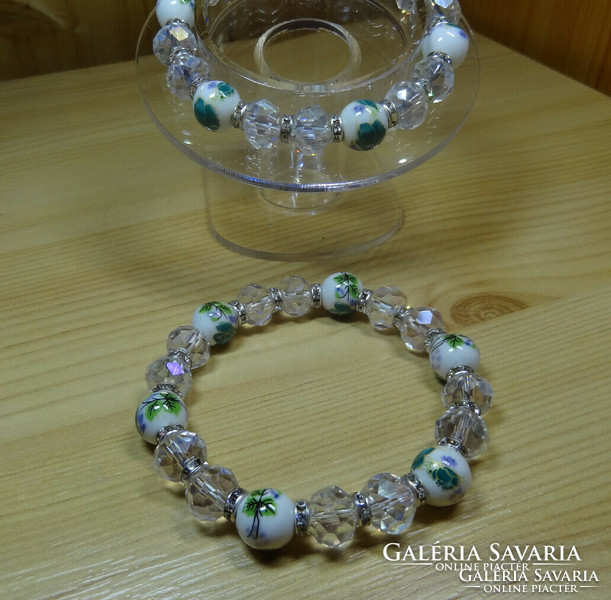 Ab crystal and green, yellow and pale purple solid pattern porcelain pearl bracelet.