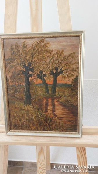 (K) Szignózott tájképfestmény patakkal, fákkal 30x38 cm kerettel