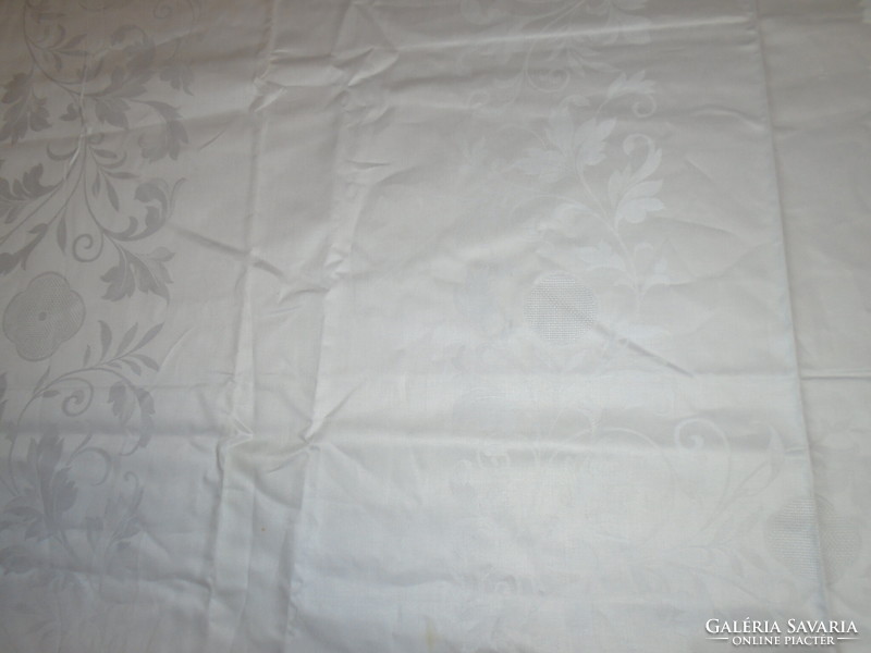 Beautiful old snow white festive large silk damask tablecloth