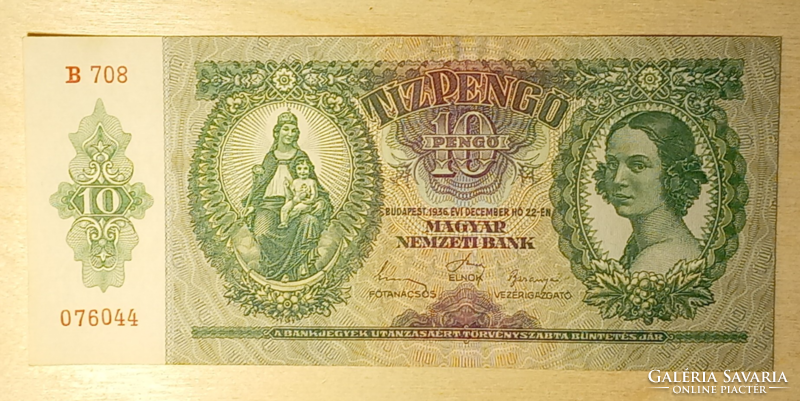 1936 Évi December hó 22 - én kiadott 10 pengős papípénz.... UNC