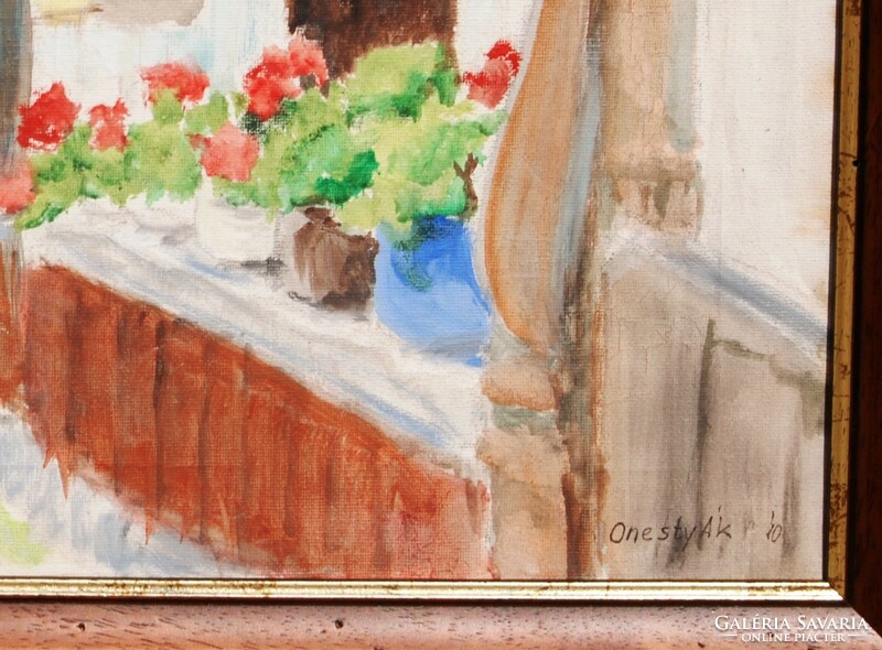 Lajos Onestyák: geranium porch, 2010 - oil on canvas painting, framed