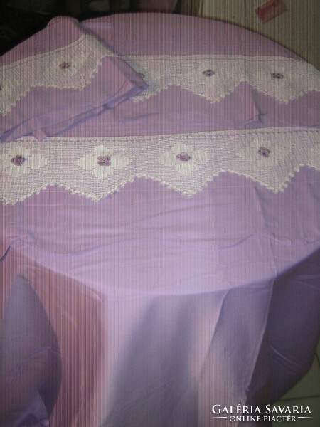 Beautiful double purple crochet lace vintage bedding set with 2 pillows