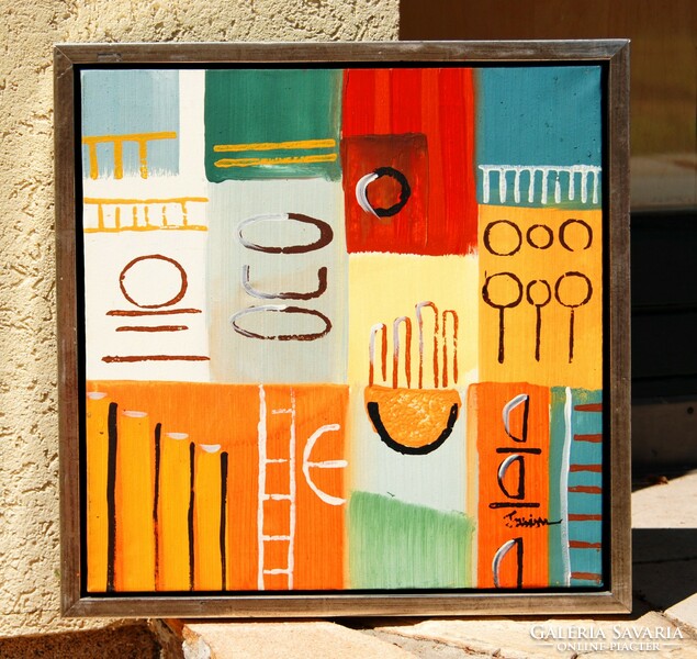 Contemporary artist: geometric motifs - framed oil on canvas painting