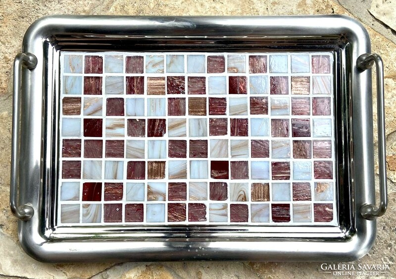 Antique alpaca tray with tongs, bronze brown cream colored glass mosaic inlay, handmade gift