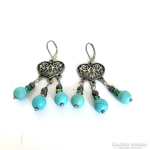 Byzantine Style Turquoise Stone Earrings Turquoise Dangle Earrings Tibetan Silver 5cm Long Blue