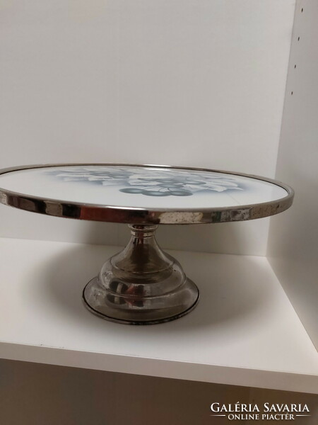 Old, retro base metal cake plate, offering, with a beautiful cherry or cherry pattern porcelain insert