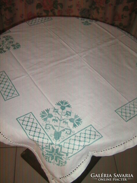 Beautiful hand-embroidered cross stitch azure tablecloth
