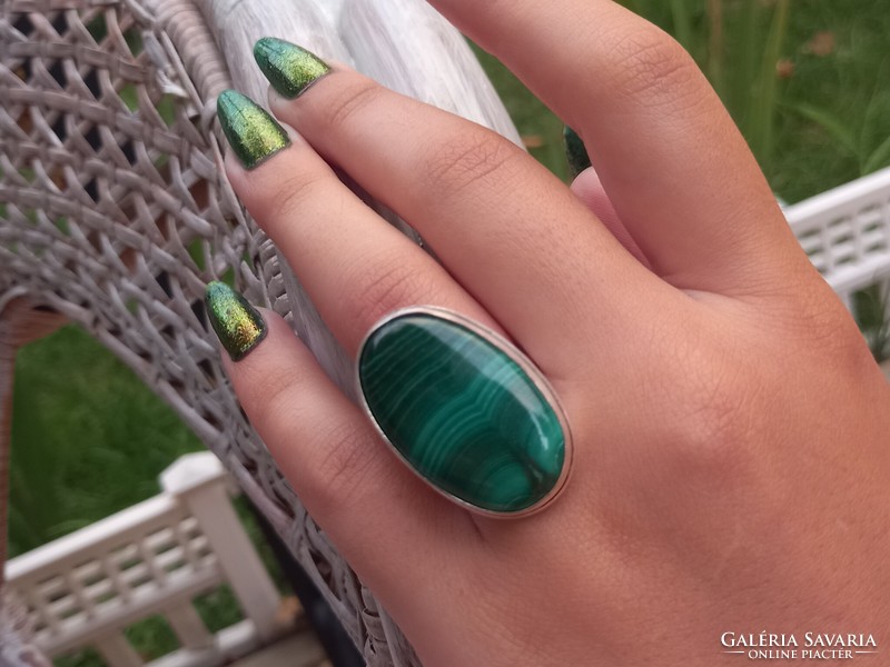 Silver ring with real malachite stone, size 8