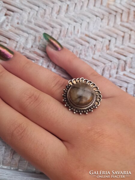 Silver ring decorated with real chiastolite (cross stone), size 8 (58).