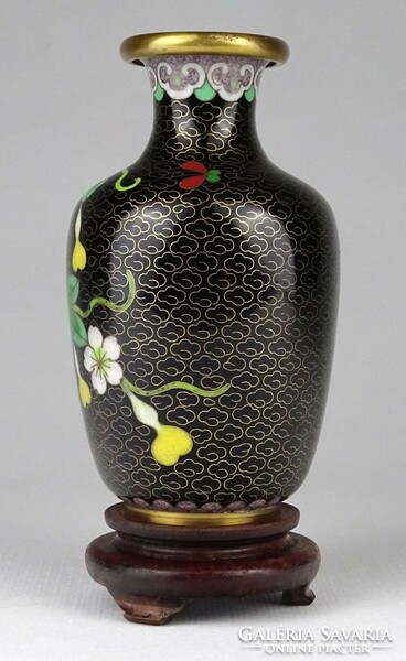 1N560 old oriental fire enamel vase on wooden pedestal 12.5 Cm