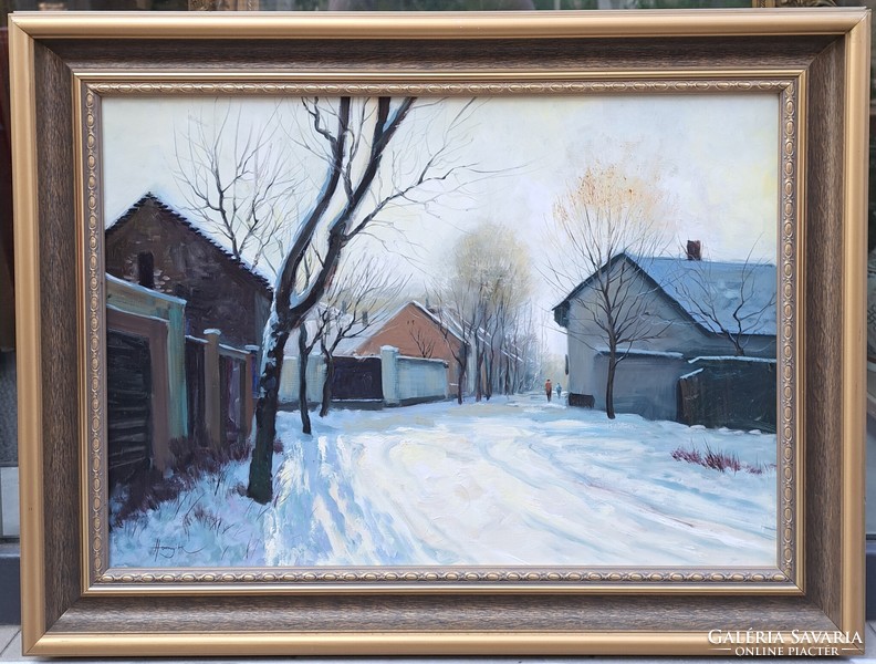 Zoltán Hornyik (1960-): winter street, 50x70 cm.