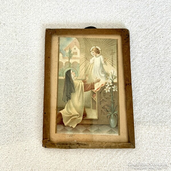 Antique religious object,Maria memorial glass image depicting angel glasbild mit maria mutter gott