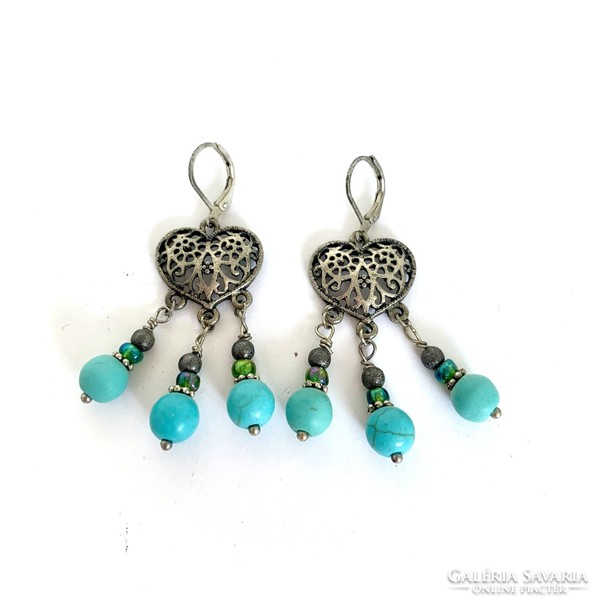Byzantine Style Turquoise Stone Earrings Turquoise Dangle Earrings Tibetan Silver 5cm Long Blue