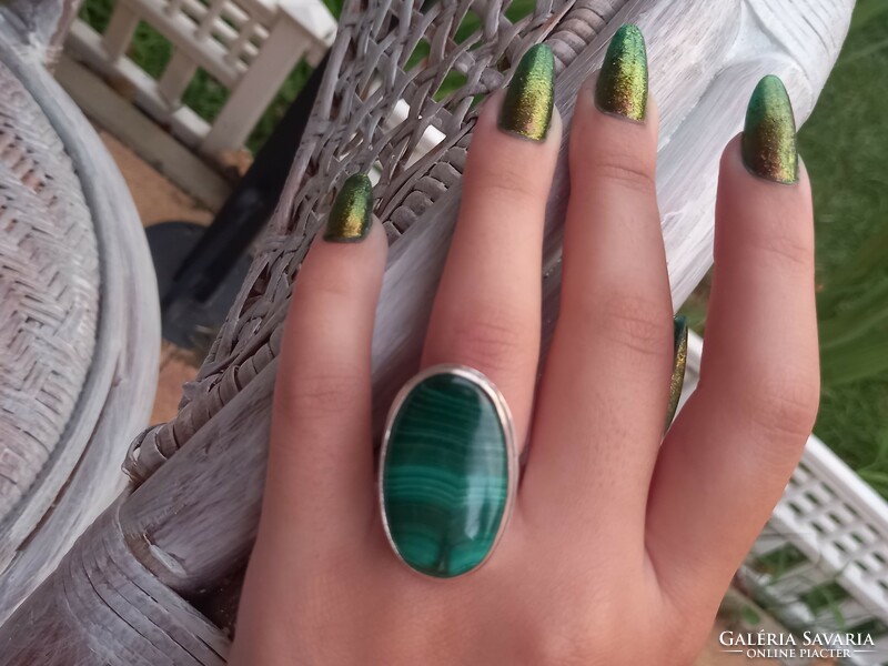 Silver ring with real malachite stone, size 8
