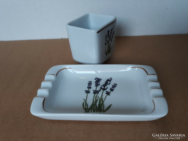Old Hólloháza porcelain lavender smoking and ashtray set