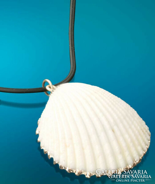 White natural shell pendant with a silver edge on a synthetic leather chain.