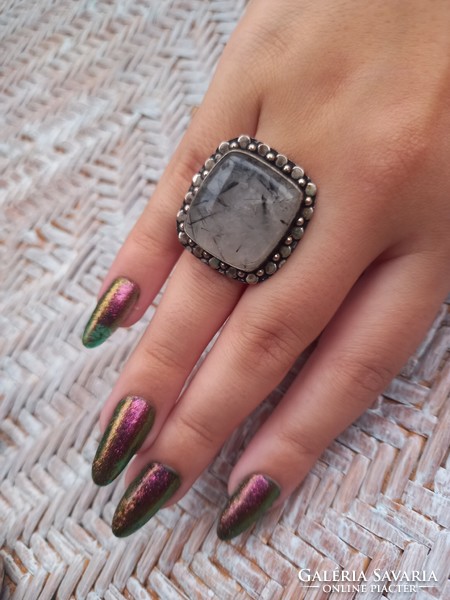 Vivid modern quartz black tourmaline silver ring size 7 ¹